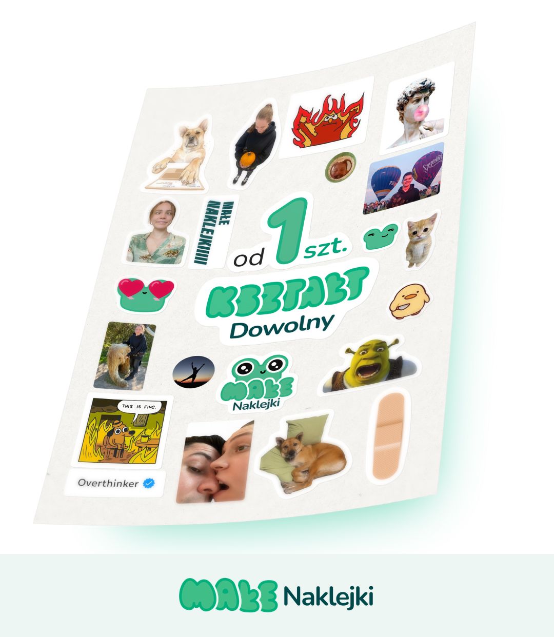 Arkusz z kilkunastoma różnymi naklejkami die-cut o odmiennych kształtach - zdjęcia, ilustracje i logotypy wycięte po obrysie, z napisem "od 1 szt." i "Kształt Dowolny"