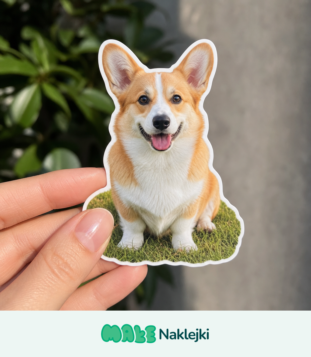 Dłoń trzymająca naklejkę die-cut przedstawiającą uśmiechniętego psa rasy corgi, wyciętą dokładnie po obrysie sylwetki, na tle zielonych liści