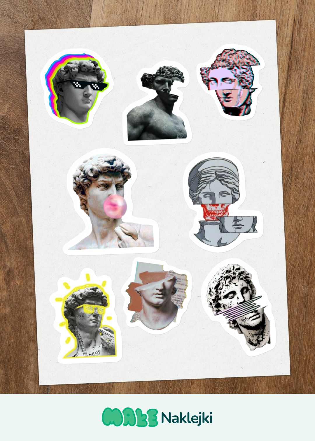 Arkusz A4 z artystycznymi wlepkami w stylu vaporwave z motywem klasycznych rzeźb greckich i efektami glitch art, pokazujący precyzyjny wydruk naklejek dla artystów