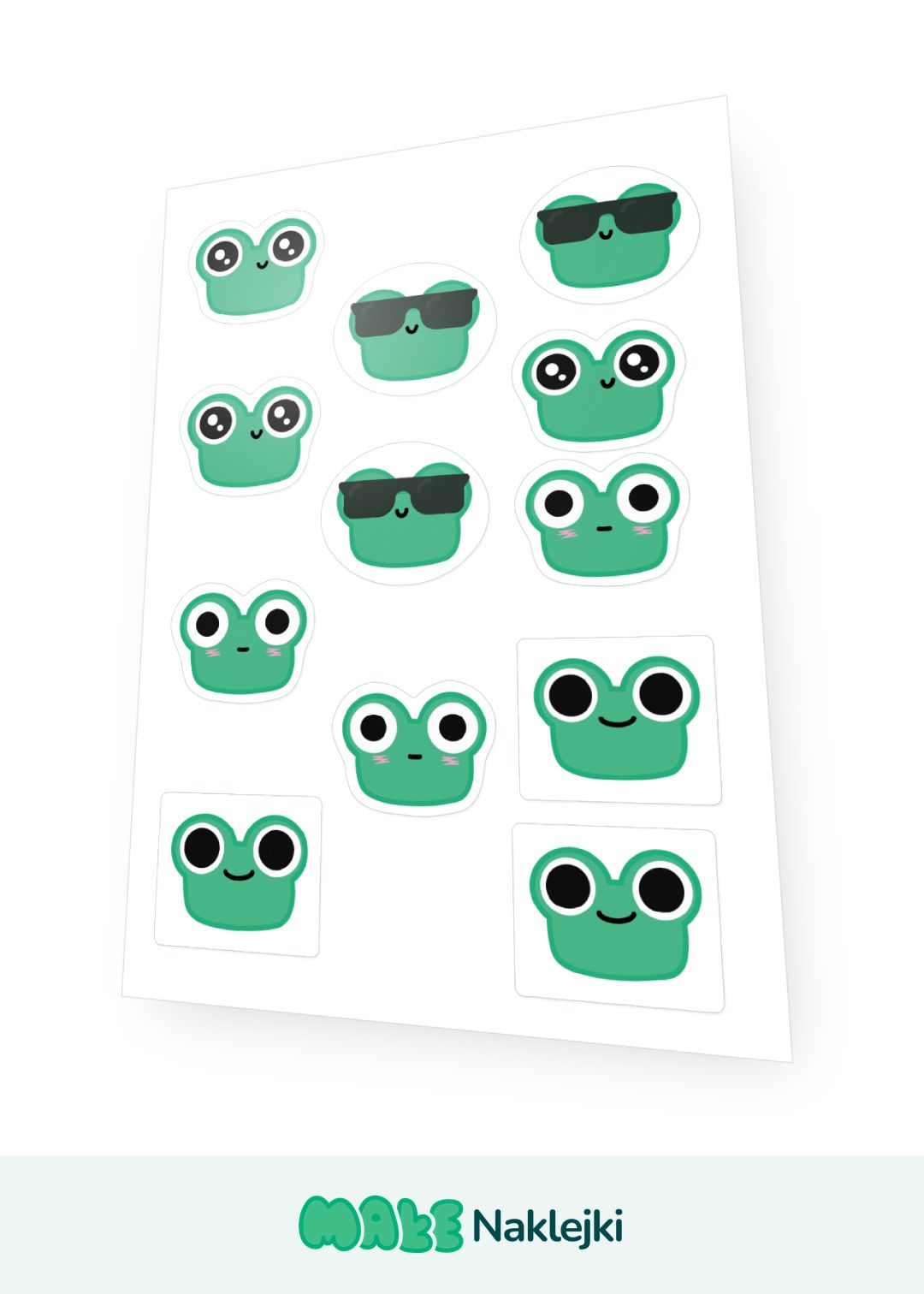 Wielowzorowy arkusz naklejek z żabkami kawaii wyciętymi po obrysie (die-cut) oraz w formie okrągłych wlepek, pokazujący precyzyjne cięcie po obrysie w naszej polskiej drukarni online