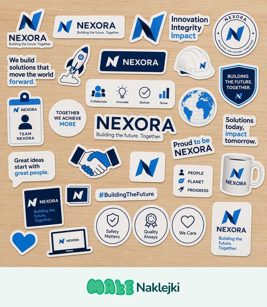 Arkusz naklejek firmowych z własnym logo marki NEXORA - kolorowe wlepki z logotypem, hasłami i ikonami wydrukowane na zamówienie w MałeNaklejki.