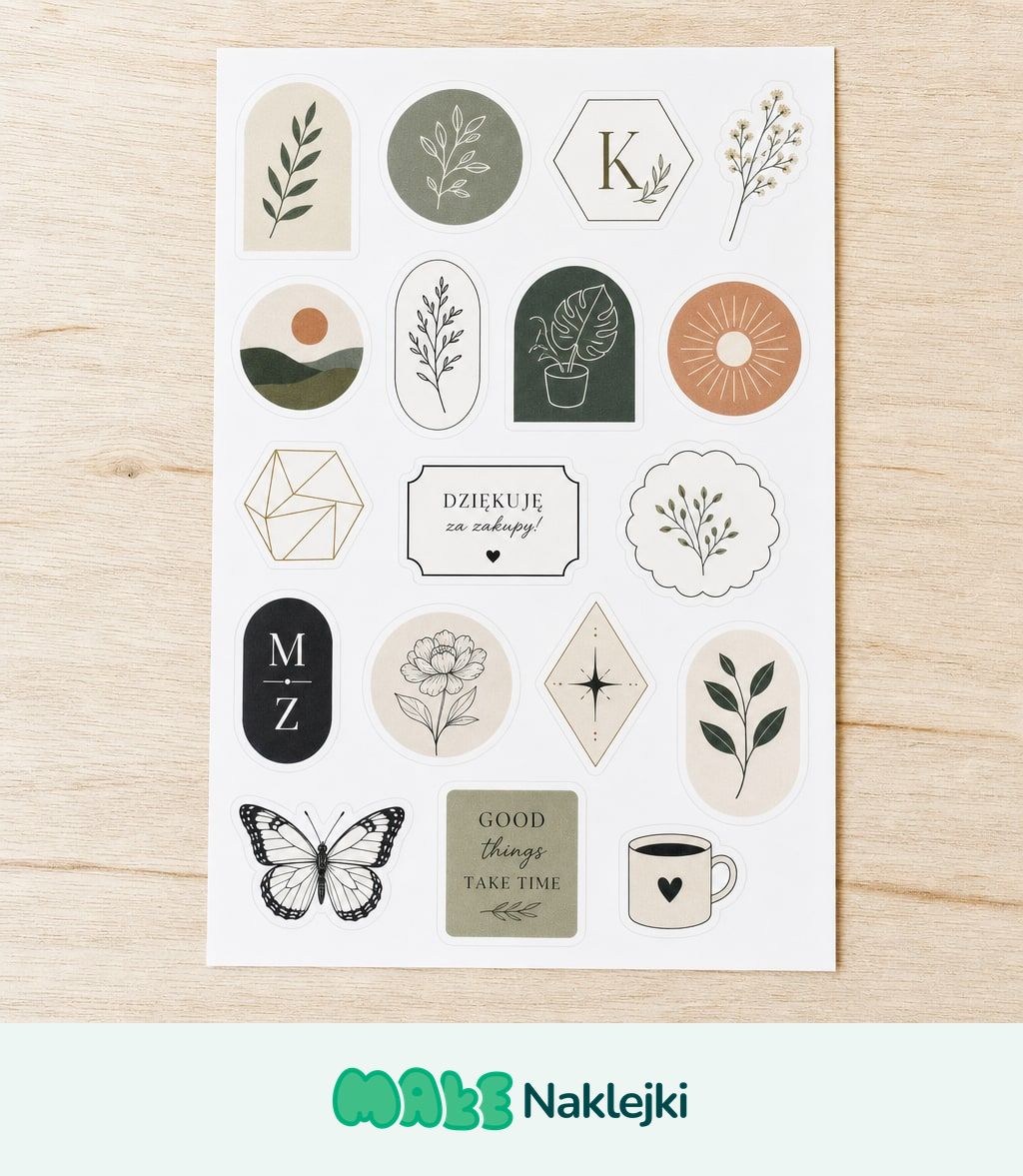 Arkusz A4 z różnymi minimalistycznymi naklejkami - motywy roślinne, monogramy, naklejka "dziękuję za zakupy" i krótkie hasła - na drewnianym blacie.
