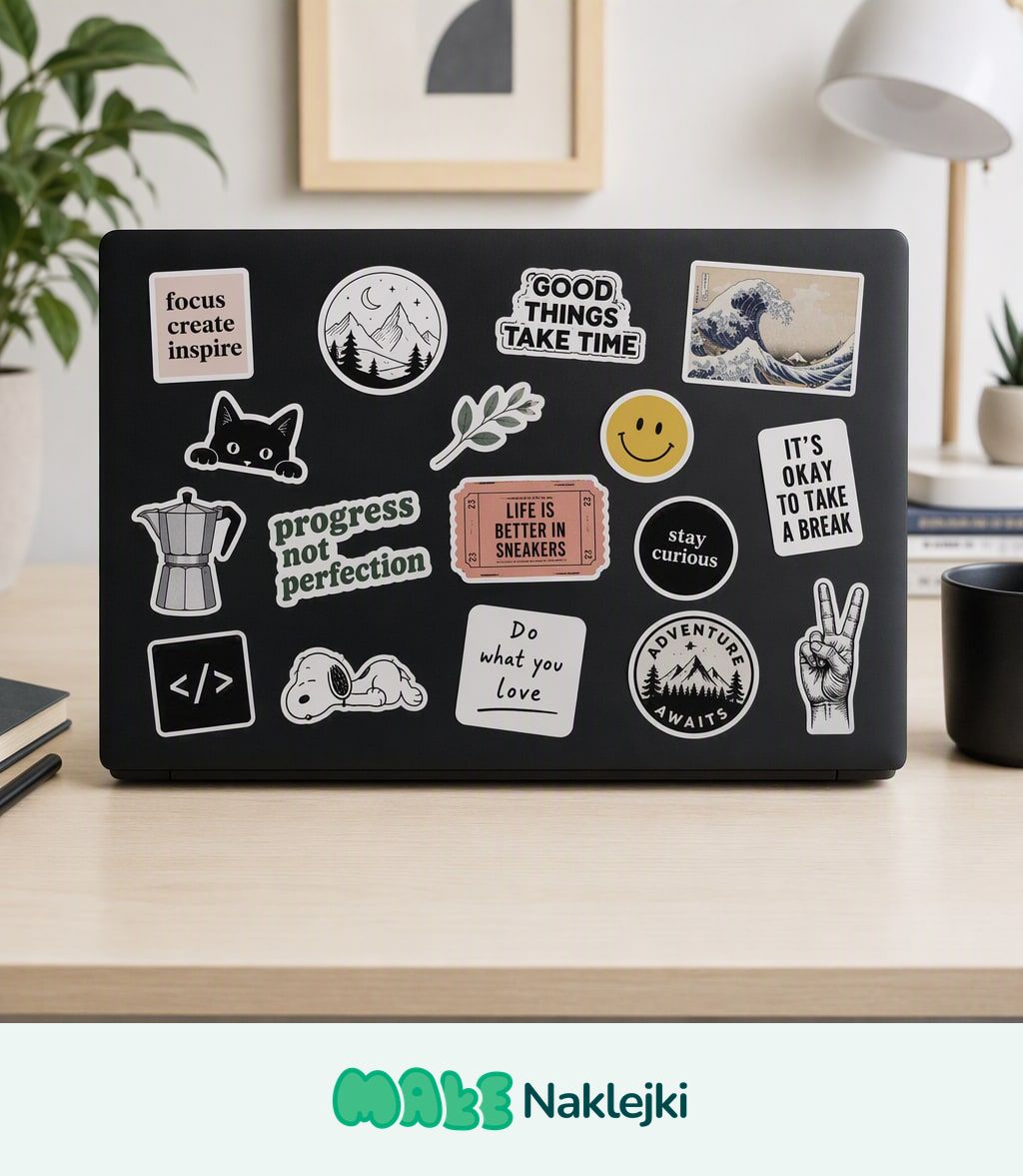 Pokrywa czarnego laptopa oklejona kolekcją różnych wlepek - cytaty, ikonki, zwierzęta i proste ilustracje wycięte po obrysie.