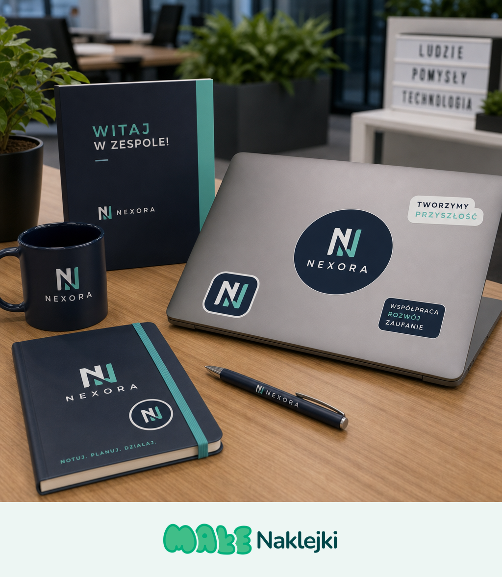 Naklejka z logo firmy na obudowie laptopa służbowego obok kubka i notesu z napisem "Witaj w zespole" na biurku nowego pracownika.