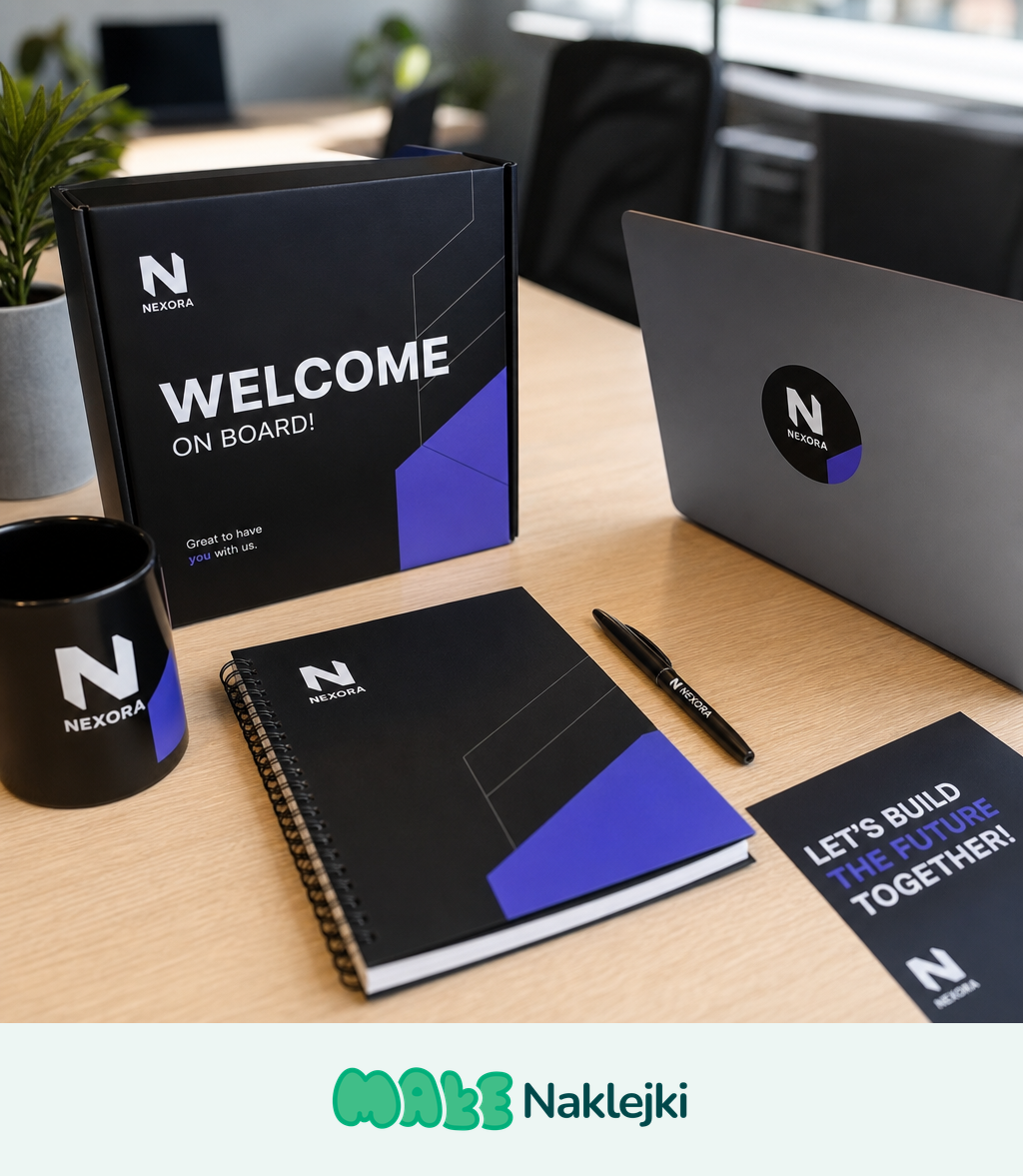 Welcome pack dla nowego pracownika z naklejkami firmowymi na kubku, notesie i laptopie oraz kartą powitalną na biurku.
