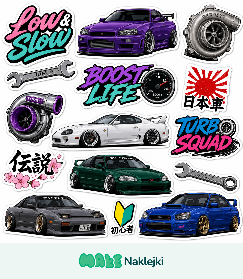 Kolaż kolorowych naklejek motoryzacyjnych w stylistyce JDM i stance z hasłami Low and Slow, Boost Life oraz Turbo Squad, sylwetkami aut i turbosprężarkami.