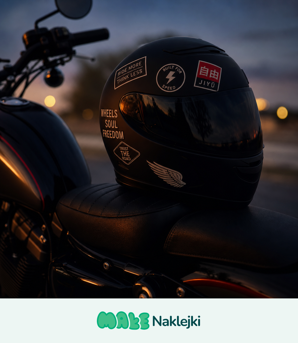Matowo czarny kask motocyklowy oklejony kilkoma mniejszymi naklejkami z hasłami, postawiony na siedzeniu motocykla o zmierzchu.