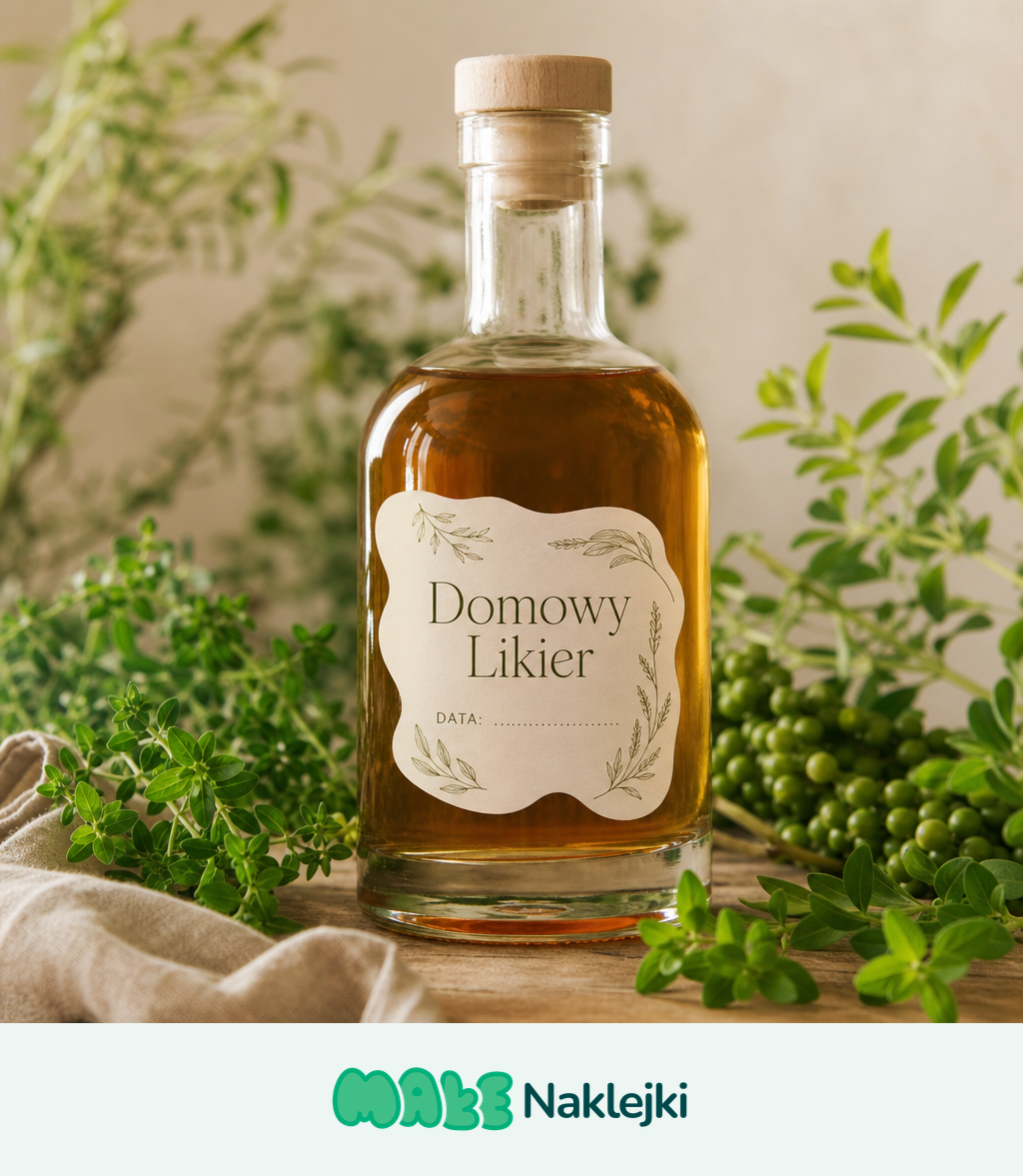Minimalistyczna naklejka na butelce domowego likieru z prostym napisem "Domowy Likier" - przykład estetycznej etykiety na nalewki do wydrukowania.