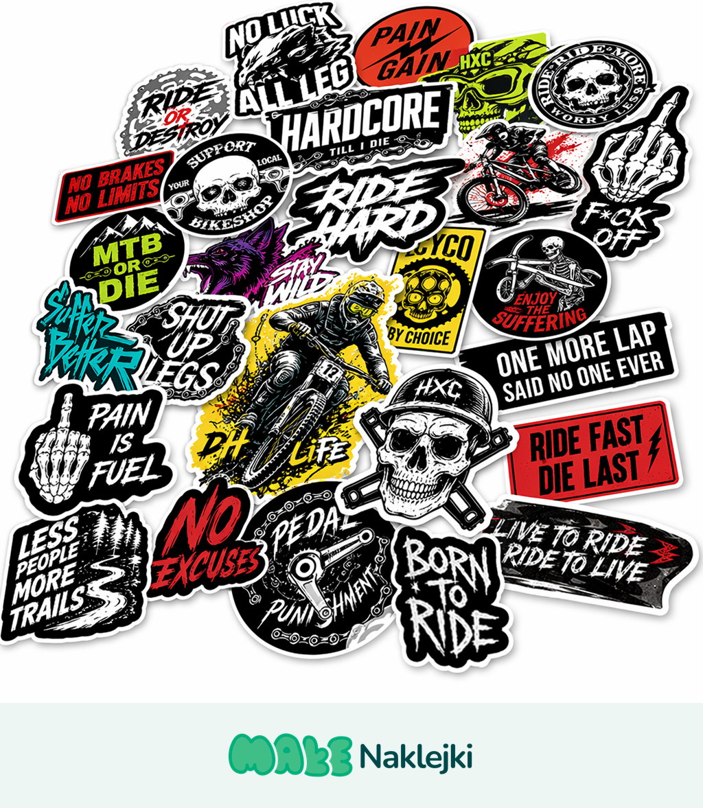 Kolaż naklejek MTB i downhill w mrocznej stylistyce z czaszkami i hasłami Ride Hard, DH Life oraz MTB or Die.
