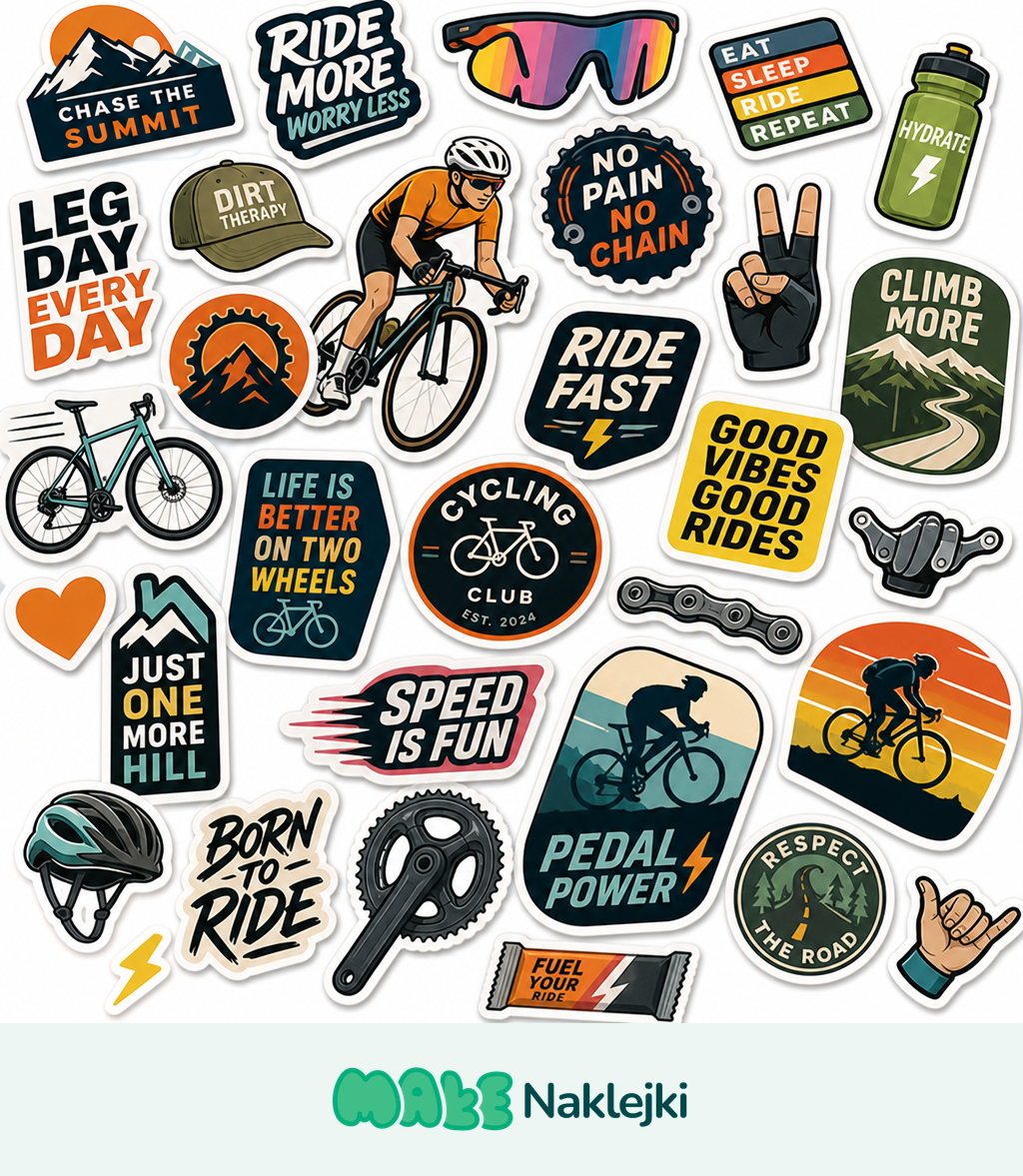 Kolorowy kolaż naklejek rowerowych w stylu retro z motywami kasku, bidonu, korby i haseł Pedal Power oraz Cycling Club.