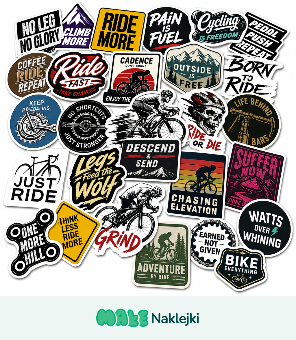 Kolaż naklejek rowerowych z motywacyjnymi hasłami dla kolarzy szosowych, między innymi Born to Ride, Just Ride i Ride More.