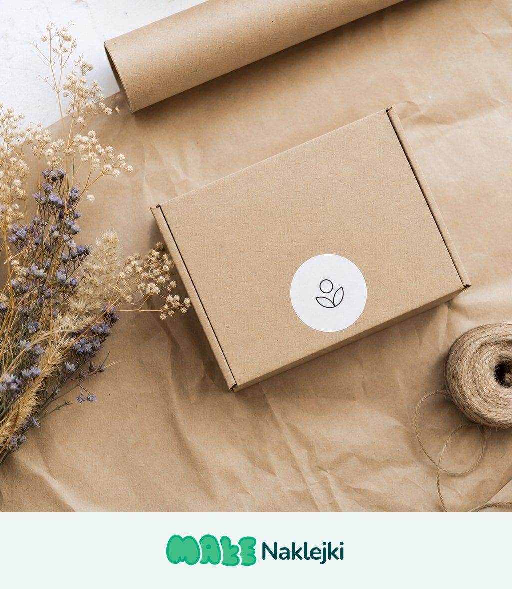 Kartonowa paczka e-commerce zaklejona okrągłą naklejką-plombą z minimalistycznym logo, obok papier kraft, sznurek i suszone kwiaty.