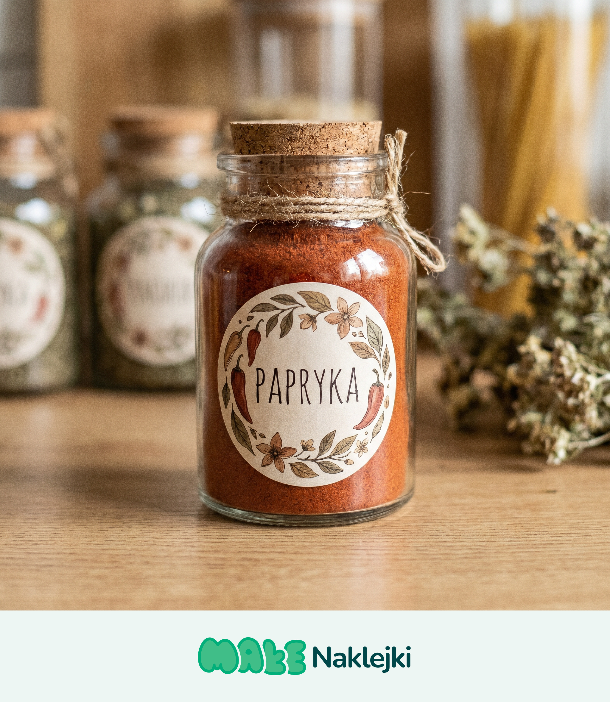 Szklany słoiczek z papryką i okrągłą naklejką z wieńcem kwiatowym i ilustracjami papryczek chili na kuchennej półce obok suszonych ziół