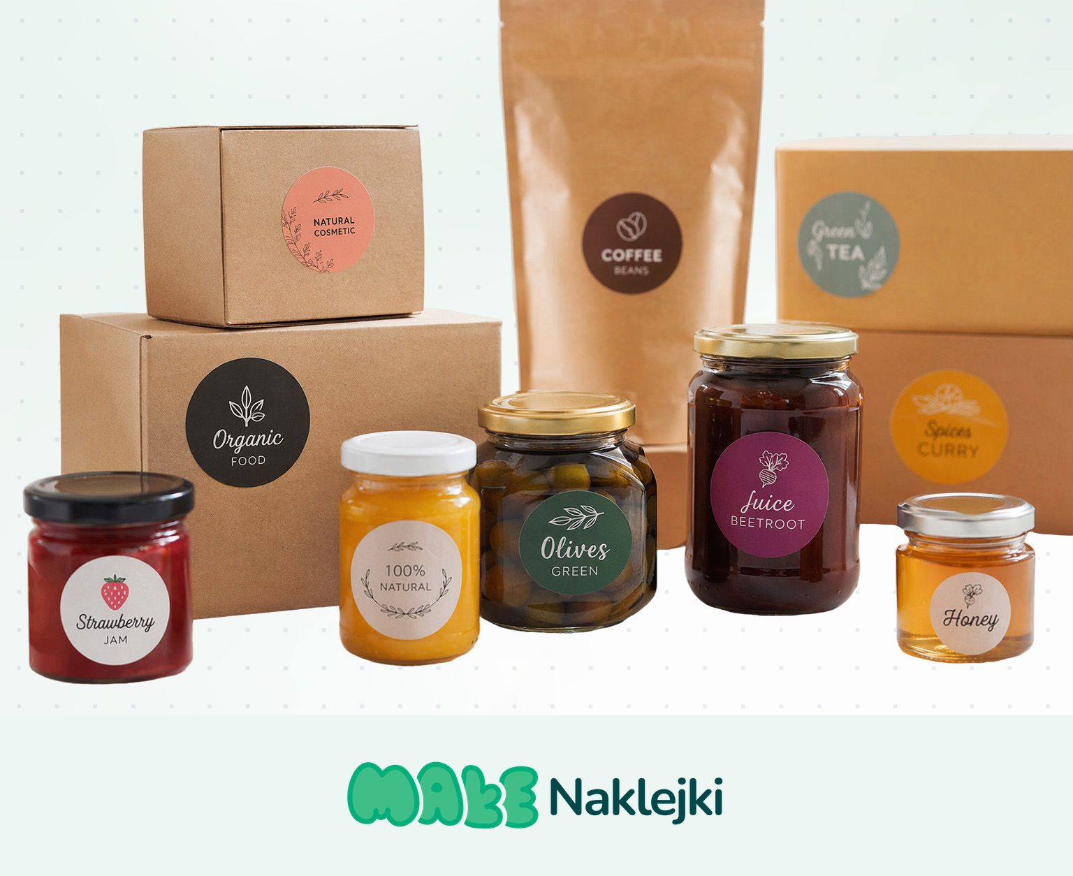 Personalizowane naklejki na słoiki z własnym logo wydrukowane na arkuszu folii, idealne dla małych manufaktur