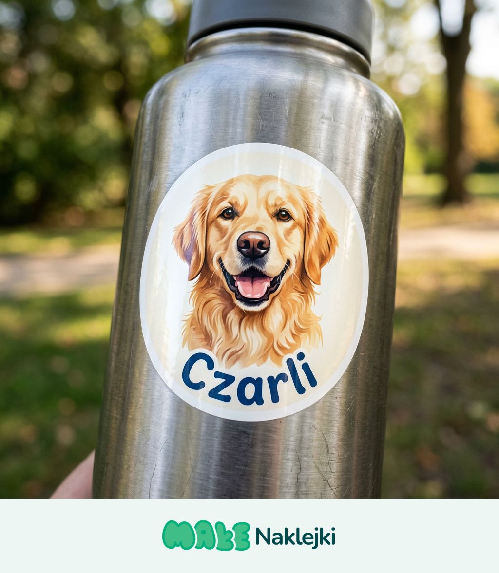 Okrągła naklejka z psem rasy golden retriever i napisem Piesek Czarli naklejona na metalowy bidon sportowy