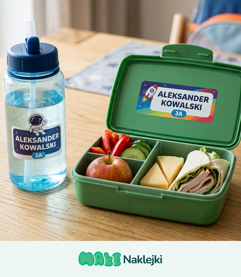 Bidon i pudełko śniadaniowe z naklejonymi personalizowanymi etykietami z imieniem, nazwiskiem i numerem klasy dziecka, stojące na stole obok plecaka