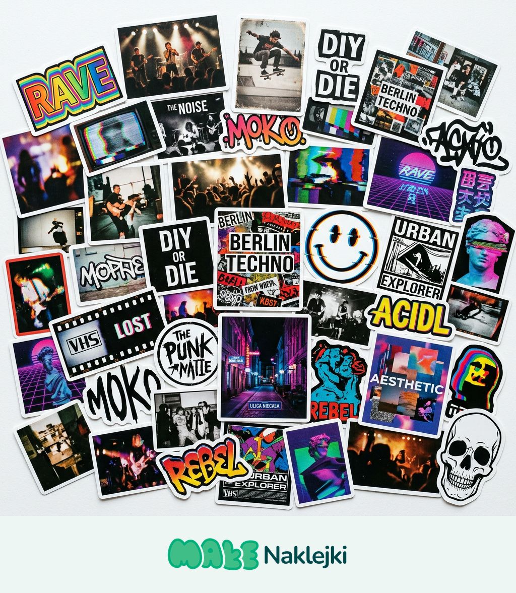 Zestaw kilkudziesięciu wlepek z własnym nadrukiem w różnych stylach graficznych - rave, punk, glitch i vaporwave - pokazujący różnorodność wzorów do wycięcia po obrysie.