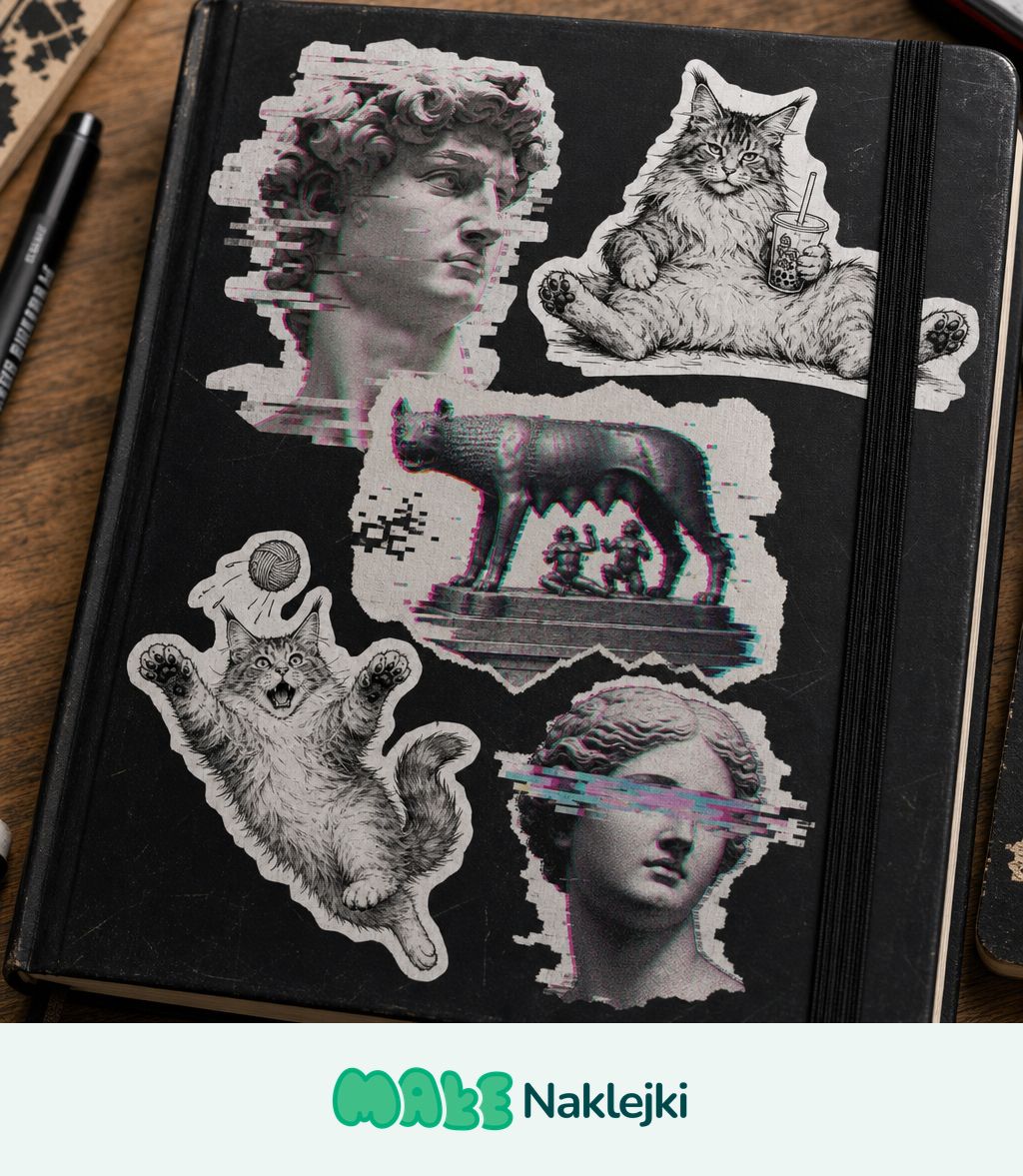 Czarny notes artysty oklejony wlepkami z własnym nadrukiem w stylu glitch art - rzeźby klasyczne i rysunek kota maine coon wycięte po obrysie.