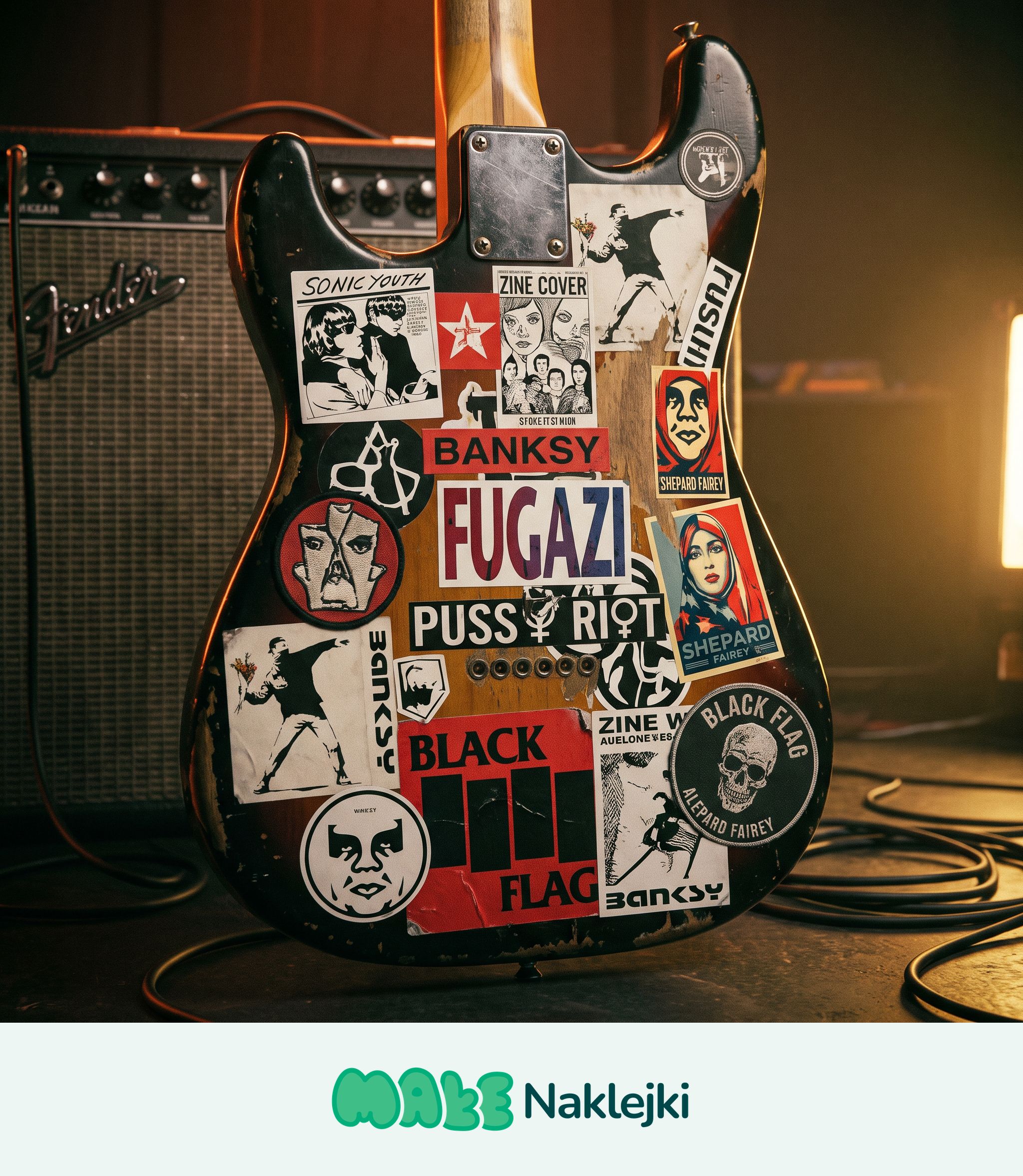 Korpus gitary elektrycznej oklejony wlepkami z własnym nadrukiem nawiązującymi do kultury punk i alternatywnej sceny muzycznej.