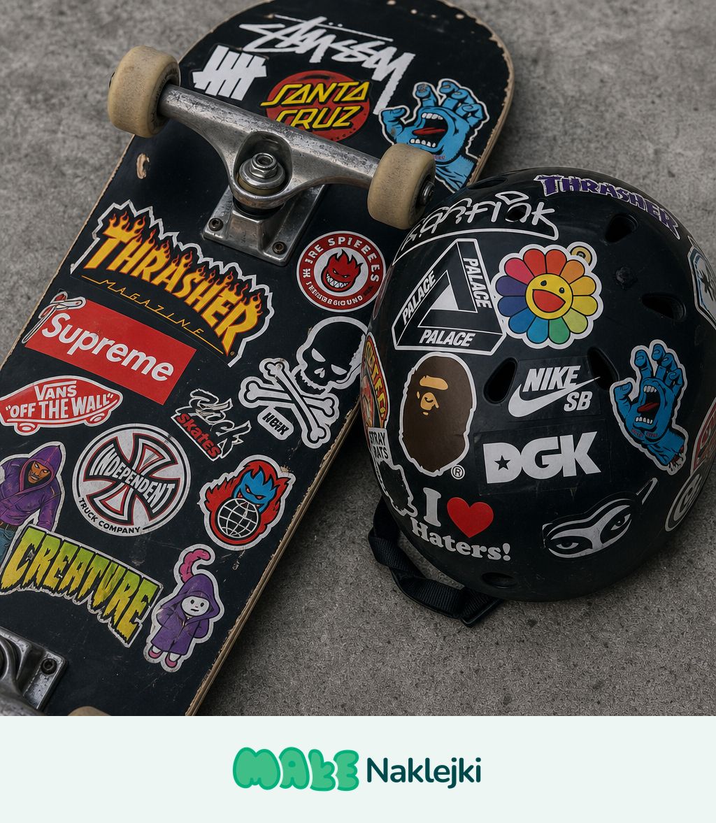Deskorolka i kask rowerowy gęsto oklejone kolorowymi wlepkami z własnym nadrukiem w stylu streetwear - przykład personalizacji sprzętu.