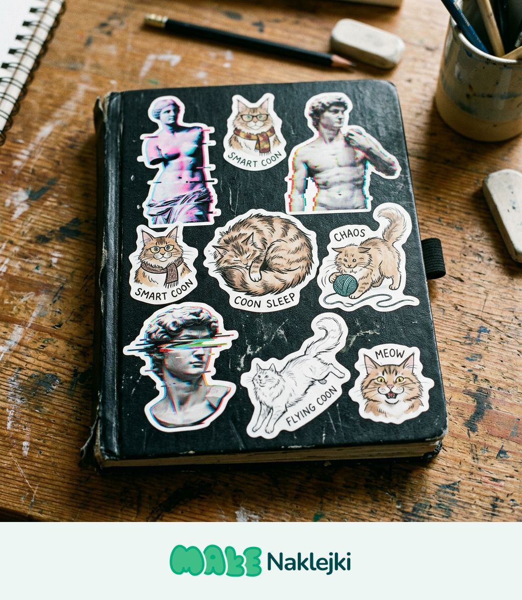 Stary notes ozdobiony kilkunastoma wlepkami z własnym nadrukiem przedstawiającymi koty rasy maine coon oraz rzeźby klasyczne w stylu glitch.